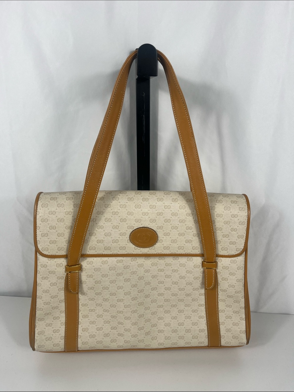 Gucci Beige Monogram Shoulder Bag with Tan Trim